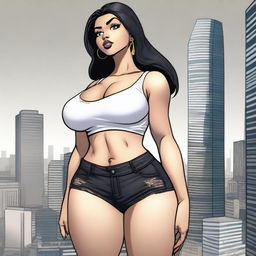 A giantess woman towering over a bustling cityscape, with skyscrapers and busy streets below