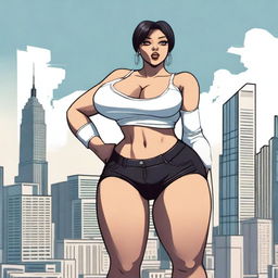 A giantess woman towering over a bustling cityscape, with skyscrapers and busy streets below