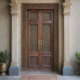 A door with rich aesthetic detail, expertly crafted with intricate designs and a vintage appeal. Made from a weathered material and adorned with ornate brass elements.