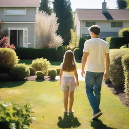 An 18-year-old attractive girl is seen from a distance, looking towards her neighbor, a late 30s family man, who is in his garden with his children