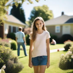 An 18-year-old attractive girl is seen from a distance, looking towards her neighbor, a late 30s family man, who is in his garden with his children