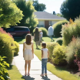 An 18-year-old attractive girl is seen from a distance, looking towards her neighbor, a late 30s family man, who is in his garden with his children