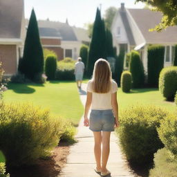 An 18-year-old attractive girl is seen from a distance, looking towards her neighbor, a late 30s family man, who is in his garden with his children