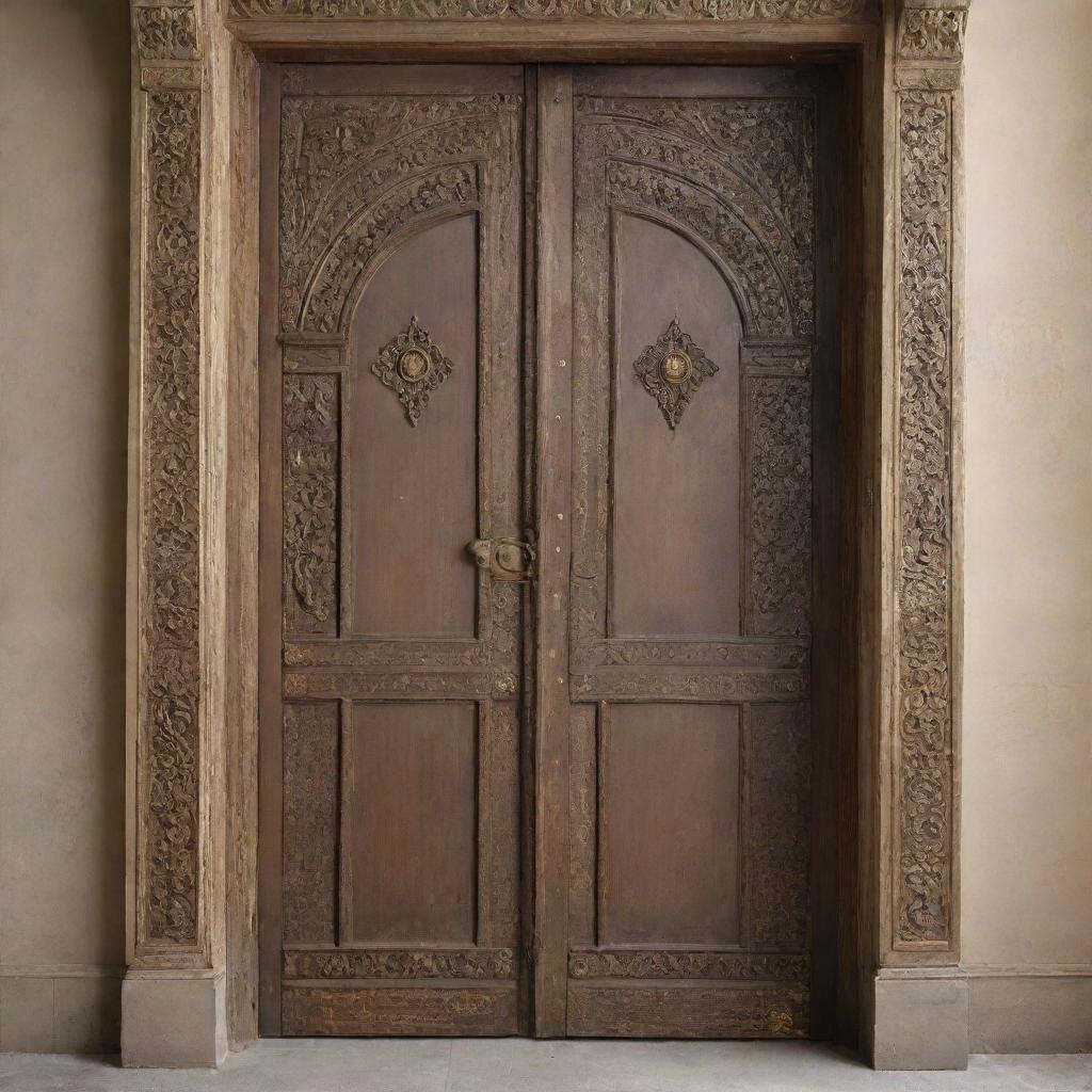 A door with rich aesthetic detail, expertly crafted with intricate designs and a vintage appeal. Made from a weathered material and adorned with ornate brass elements.