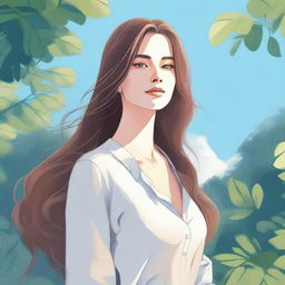 A detailed illustration of a young woman with a serene expression, standing in a beautiful natural setting