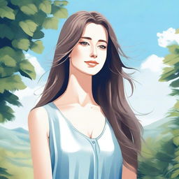 A detailed illustration of a young woman with a serene expression, standing in a beautiful natural setting