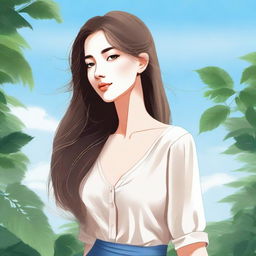 A detailed illustration of a young woman with a serene expression, standing in a beautiful natural setting