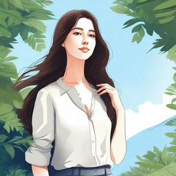 A detailed illustration of a young woman with a serene expression, standing in a beautiful natural setting