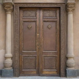 A door with rich aesthetic detail, expertly crafted with intricate designs and a vintage appeal. Made from a weathered material and adorned with ornate brass elements.