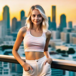 A blonde girl wearing a stylish crop top, standing confidently with a cheerful expression