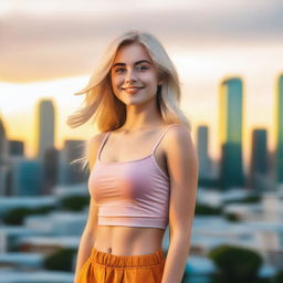 A blonde girl wearing a stylish crop top, standing confidently with a cheerful expression