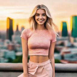 A blonde girl wearing a stylish crop top, standing confidently with a cheerful expression