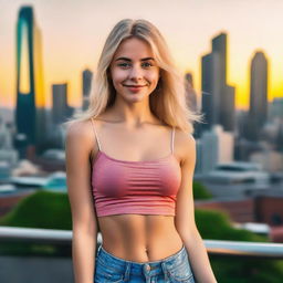 A blonde girl wearing a crop top, standing confidently with a cheerful expression