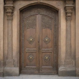 A door with rich aesthetic detail, expertly crafted with intricate designs and a vintage appeal. Made from a weathered material and adorned with ornate brass elements.