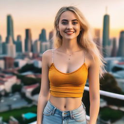 A blonde girl wearing a crop top with an open middle part, standing confidently with a cheerful expression