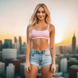 A blonde girl wearing a crop top with an open middle part, resembling a bikini, standing confidently with a cheerful expression