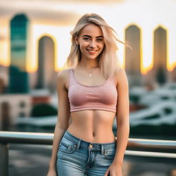 A blonde girl wearing a stylish crop top, showcasing her pierced belly button and small boobs