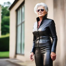 A dominant elderly woman, often referred to as a 'granny' or 'GILF', dressed in leather attire