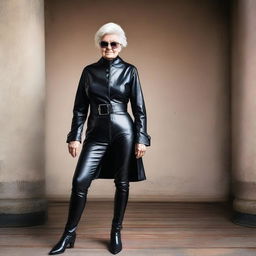 A dominant elderly woman, often referred to as a 'granny' or 'GILF', dressed in leather attire