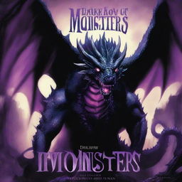 A title that says in black 'The Book of Monsters', and underneath is a big, black, and intimidating dragon with glowing purple eyes