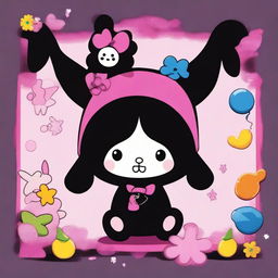 A cute and whimsical image of Kuromi, the mischievous character from Sanrio, in a colorful and playful setting