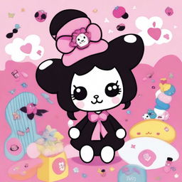 A cute and whimsical image of Kuromi, the mischievous character from Sanrio, in a colorful and playful setting