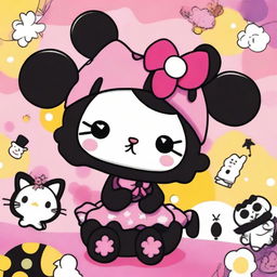 A cute and whimsical image of Kuromi, the mischievous character from Sanrio, in a colorful and playful setting