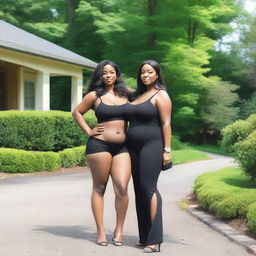 A tall, curvy woman with a voluptuous body and thick thighs, standing on her driveway next to an average-height woman