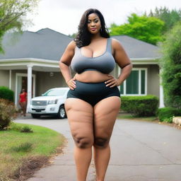 A tall, curvy woman with a voluptuous body and thick thighs, standing on her driveway next to an average-height woman