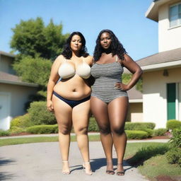 A tall, curvy woman with a voluptuous body and thick thighs, standing on her driveway next to an average-height woman