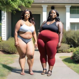 A tall, curvy woman with a voluptuous body and thick thighs, standing on her driveway next to an average-height woman