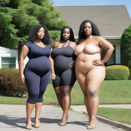 A tall, curvy woman with a voluptuous body and thick thighs, standing on her driveway next to an average-height woman