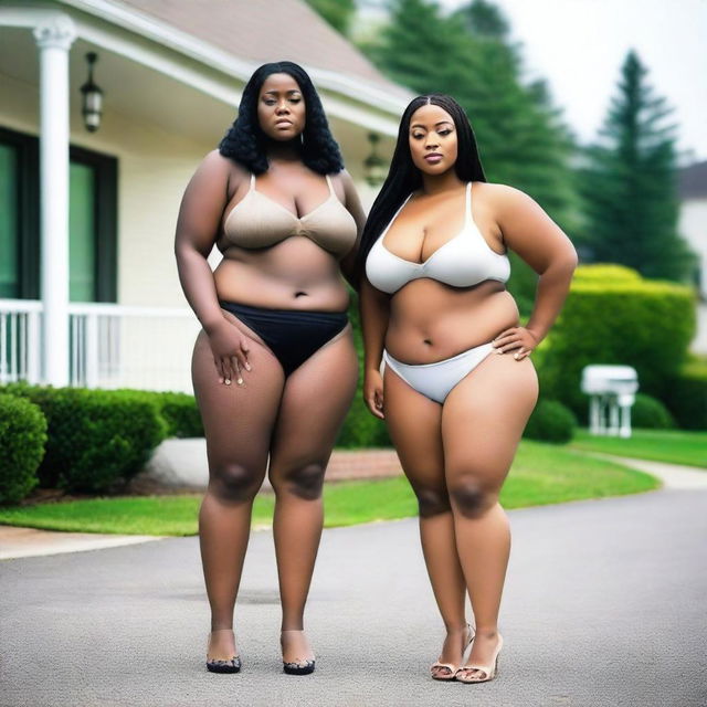 A tall, curvy woman with a voluptuous body and thick thighs, standing on her driveway next to an average-height woman