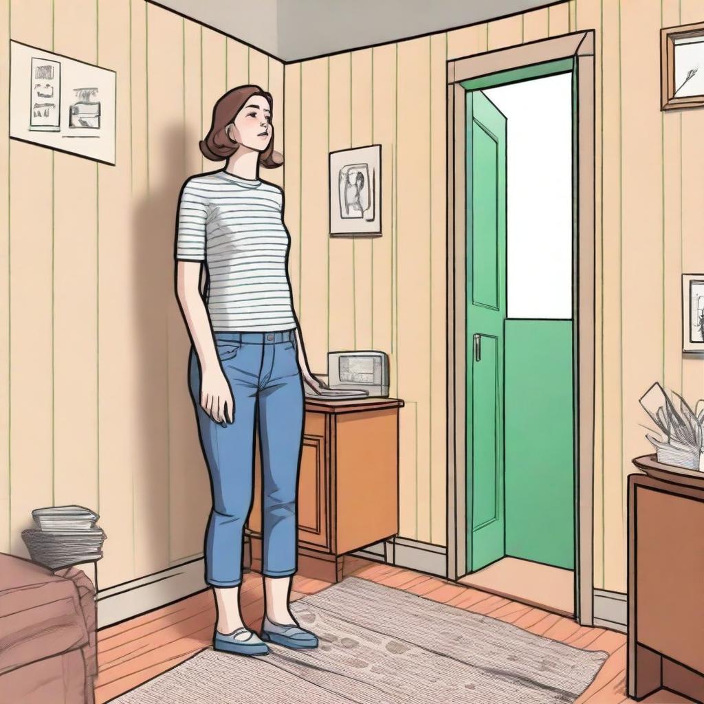 A very tall woman who has just grown is on her knees in her tiny living room