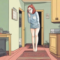 A very tall woman who has just grown is on her knees in her tiny living room