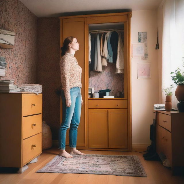 A very tall woman who has just grown is on her knees in her tiny living room