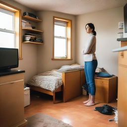 A very tall woman who has just grown is on her knees in her tiny living room