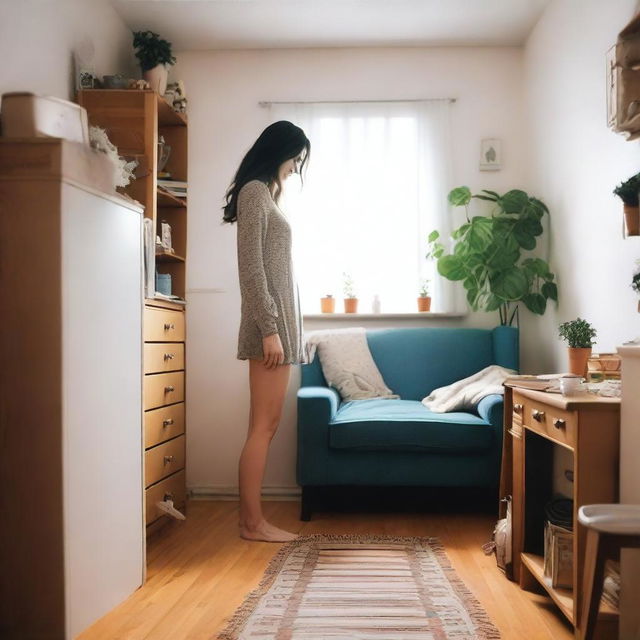 A very tall woman who has just grown is on her knees in her tiny living room