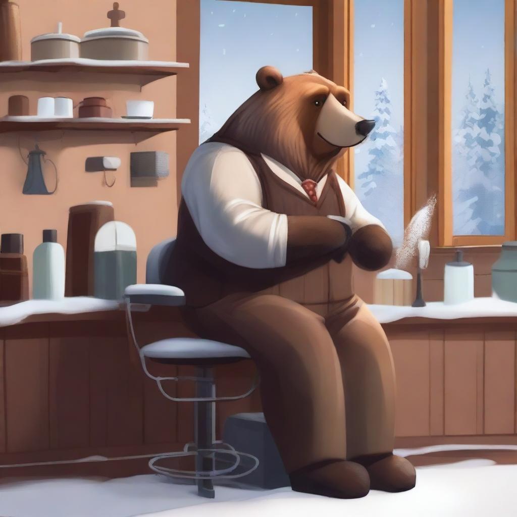 A male bear shifter working as a barber in a cozy winter setting