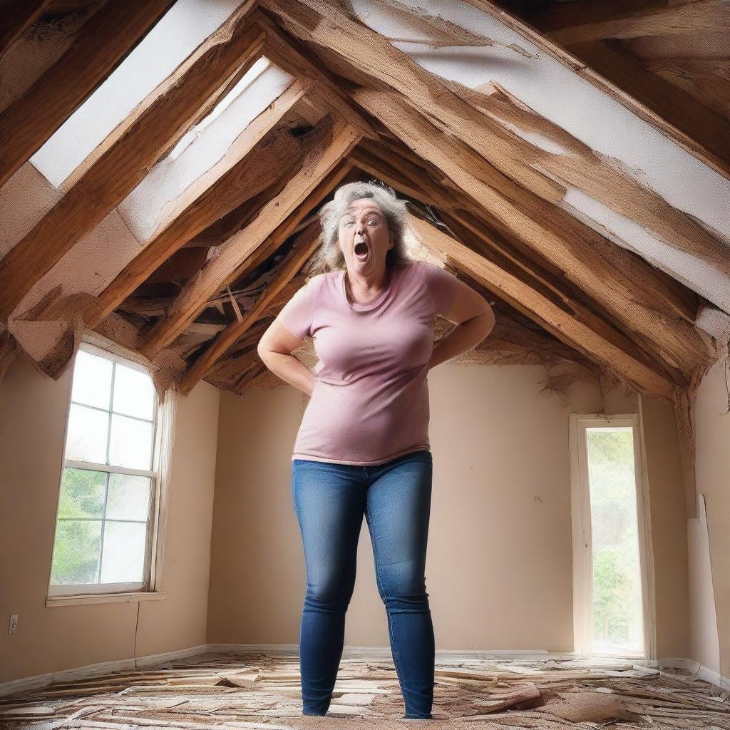 A woman who is 50 feet tall is breaking through the roof of her house