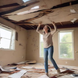 A woman who is 50 feet tall is breaking through the roof of her house