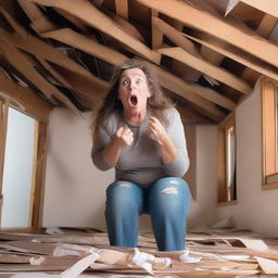 A woman who is 50 feet tall is breaking through the roof of her house