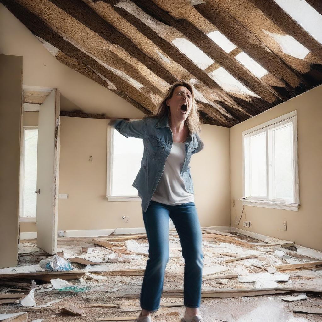 A woman who is 50 feet tall is breaking through the roof of her house