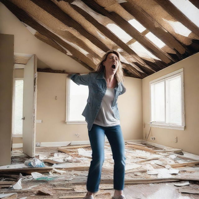 A woman who is 50 feet tall is breaking through the roof of her house