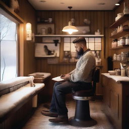 A male shifter working as a barber in a cozy winter setting