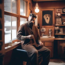 A male shifter working as a barber in a cozy winter setting