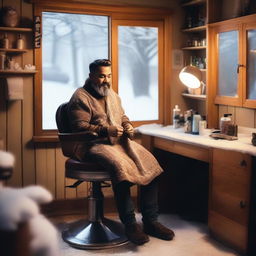 A male shifter working as a barber in a cozy winter setting