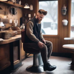 A male shifter working as a barber in a cozy winter setting