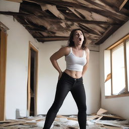 A young woman who is 50 feet tall is breaking through the roof of her house