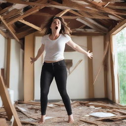 A young woman who is 50 feet tall is breaking through the roof of her house